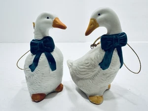 SET OF 2 VINTAGE COUNTRY FARMHOUSE GOOSE ORNAMENTS, PORCELAIN WITH BLUE BOWS - Picture 1 of 5