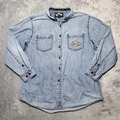 Harley-Davidson Shirt Men Large Blue Denim Button Down Shirt Long Sleeve Pockets - Image 1 of 4