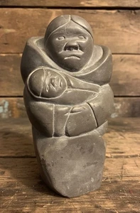 Inuit Canadian Povungnituk Stone Carving Mother Nestling Baby 5.75”x6” - Picture 1 of 12