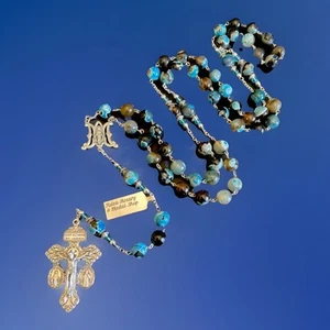 Semi Precious Blue Fire Agate 10mm Stone 29” Rosary Pardon Crucifix With Tag - Picture 1 of 8