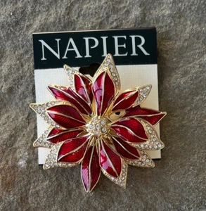 Vintage Napier Signed Poinsettia Red Enamel -Crystal Accents-Gold Plated- Holida - Picture 1 of 3