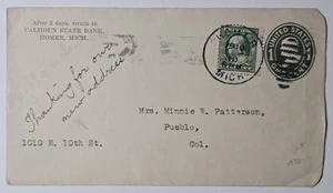 HOMER MICHIGAN 1910 Cover Late Train Aux Mark to PUEBLO COLORADO Uprated - Bild 1 von 2