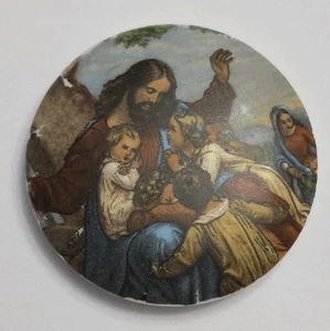 Vintage religiöser Bild Knopf "Jesus und die Kinder" Keramik Edith '63 - Bild 1 von 4