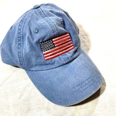 Adams Blue Chambray American Flag Baseball Hat One Size Patriotic Beach Summer - Image 1 of 4