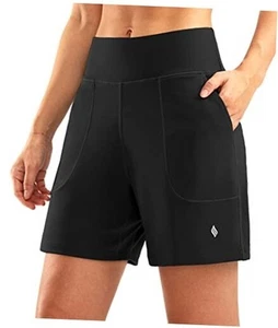  Women's 6'' Athletic Long Shorts with 4 Pockets High Waisted Large Black - Picture 1 of 7