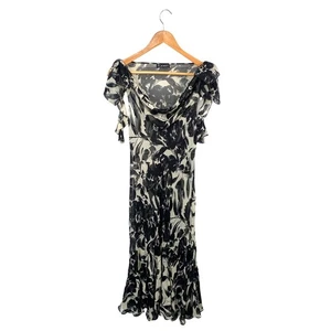 Planet Dress Womens Size UK 14 Black Floral Silk Midi Garden Party Sheer Ruffle - Picture 1 of 13