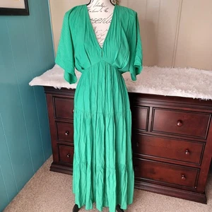 Entro Puff Sleeve Deep V Neck Elastic Waist Casual Tiered Flowy Midi Dress S - Picture 1 of 9