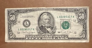 1990 Series 50 Fifty Dollar Banknote, L12-SF District, Low S# L 02285317 A - Picture 1 of 2