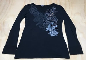 South Pole Jrs XL Black Long Sleeve Baby Doll Top Bling Logo V Neck Skater Y2K - Picture 1 of 8