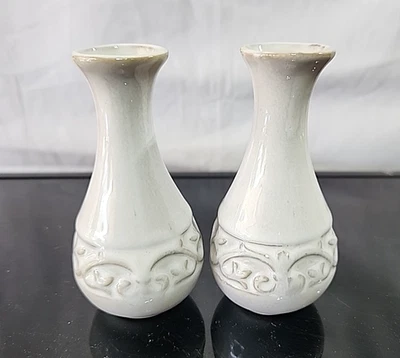 2 Elegant Expressions WHITE Mini Bottle VASE Embossed Small Ceramic 4" Tall - Image 1 of 4
