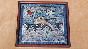 ANTIQUE 19c CHINESE RANK BADGE GOLD&SILVER THREADS W/FLYCATCHER AGAINST A BATS - Picture 1 of 7