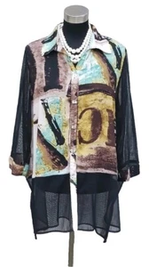 IC Connie K Tunic Jacket Top Sz XL Blue Brown Black White Yellow Mixed Media L  - Picture 1 of 5