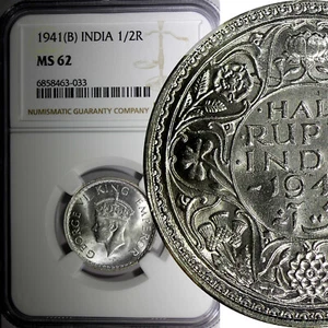 India-British George VI Silver 1941 (B) 1/2 Rupee Bombay NGC MS62 KM# 551 (033) - Picture 1 of 5