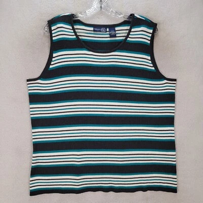 Camiseta sin mangas informal de punto acanalado a rayas verde azulado Academia cuello redondo para mujer talla grande 24 Foto 1 de 4