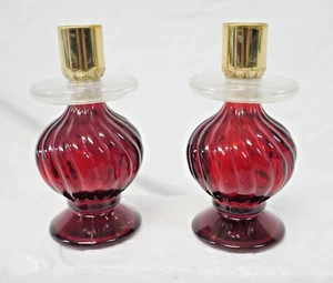 Pair of Avon Perfume Bottles- Candlestick Candle Holders Ruby Red Glass -Brocade - Picture 1 of 7