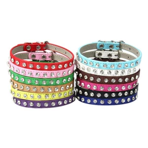 Crystal Small Dog Collar Rhinestone PU Leather Cat Collars Necklace Neck Strap - Picture 1 of 24