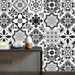 10pcs Black White Moroccan Self-adhesive Bath Kitchen Wall Floor Tile Sticker - Picture 1 of 16