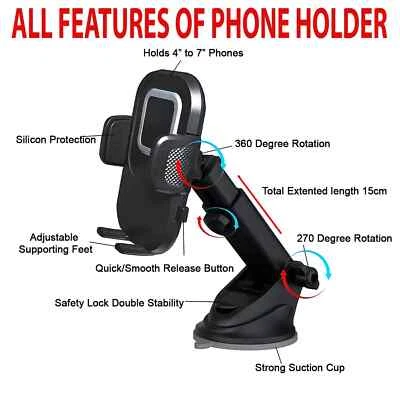 360° Extendable Car Windscreen Phone Holder Suction Mount for IPhone 14 15 16 17 - Image 1 of 4
