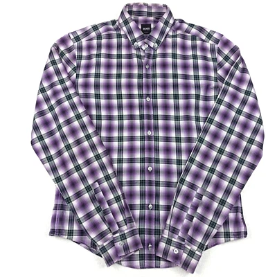 HUGO BOSS Uomo Shirt XS-S Slim Fit Viola Cotone Plaid a Bottoni Peric Piccolo - Immagine 1 di 4