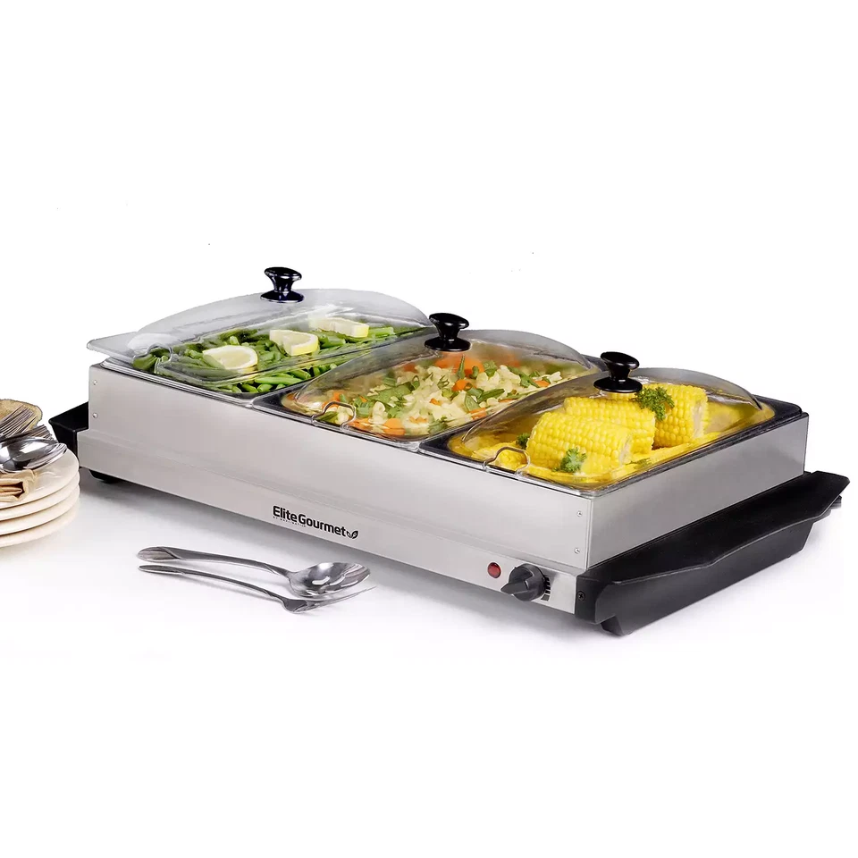 ELITE CUISINE Elite Stainless Steel Electric Triple Buffet Server.