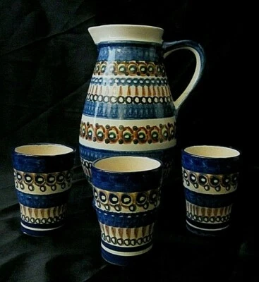 JUEGO DE SERVIR BEBIDAS CERÁMICA ARTE ESMALTADO ESTILO POLACO - Incluye jarra/3 vasos Foto 1 de 4