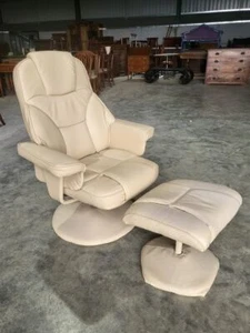 Cream swivel reclining arm chair footstool PU Leather 70's style round pedestal - Picture 1 of 10