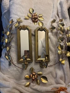 2 Vtg Home Interiors Gold Mirror Candle Sconce Plastic Baroque 14" + 4 flowers - Picture 1 of 5
