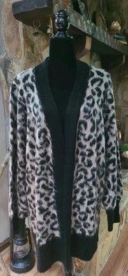 John Paul Richard Leopard Open Front Cardigan Sweater Tan Black Fuzzy Long XL - Image 1 of 4