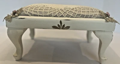Vintage Handcraft Doily Lace Pearl Sturdy Footstool Shabby Victorian Look Under! - Image 1 of 4