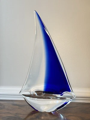 "Velero italiano de cristal de Murano grande 15"" soplado a mano azul profundo" Foto 1 de 4