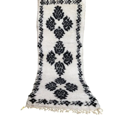 Handmade Moroccan Rug Vintage Berber Floral Design Fringe White Black Carpet 6x3 - Image 1 of 4