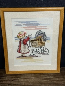 Vintage Framed Cross Stitch Embroidered Picture Girl With Pram 30cm X 25cm - Picture 1 of 6