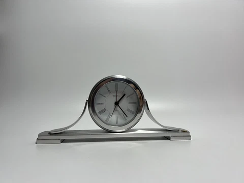 Bulova Sedona Tabletop Brushed Aluminum Clock B2450 Roman Numerals. Tested Cover