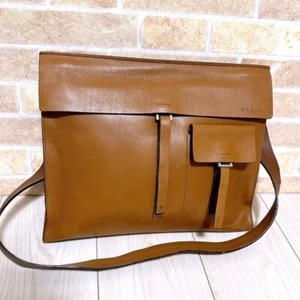 Authentic PRADA Shoulder Bag Crossbody Leather Camel Brown Spacious Unisex Bag - Picture 1 of 10