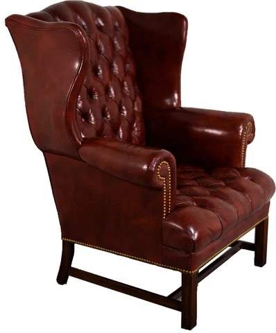 Vintage English Chesterfield Button Tufted Oxblood Leather Wingback Chair Cover