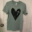 Bella Canvas Christian T-shirt Heart and Cross Light Green Size S