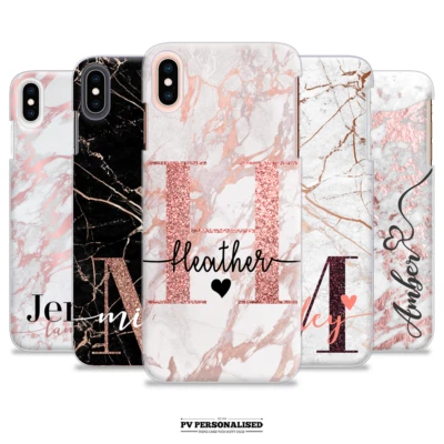 Personalised Rose Gold Marble Name Hard Case Cover For Iphone 6 8 11 12 XR Pro - Image 1 of 4