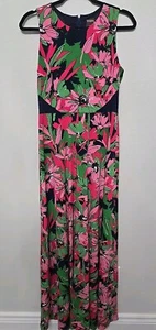 Taylor Women's Pink Green Floral Black Mesh Panel Sleeveless Maxi Dress Size 4 - Picture 1 of 5