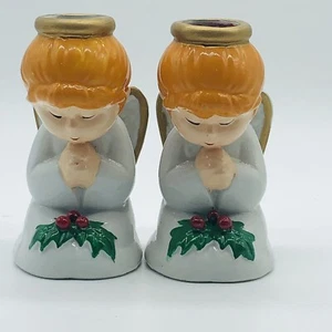 Vintage Christmas Ceramic Praying Angel Holly Berry Taper Candlestick Holder Set - Picture 1 of 12