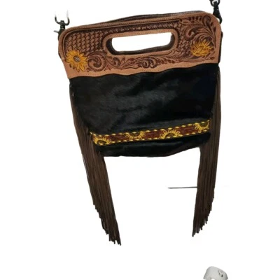 Genuine Cowhide Black Tooled Leather Sun Flowers Myra Long  Fringe And Straps  - Image 1 of 4