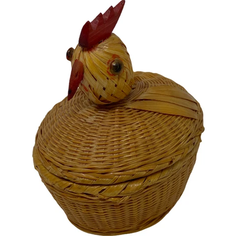 Vintage Woven Wicker Rooster Hen Chicken Basket Small Size Mini Removable Lid 3" Cover