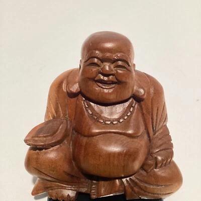 Estatueta de escultura em madeira Buda feliz prosperidade asiática sorte boa sorte paz - Imagem 1 de 4