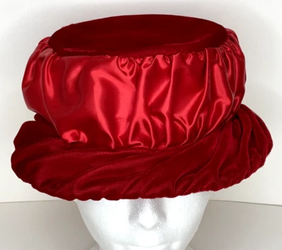 Womens 1960s Red Retro Mod Hat Satin With Velvet Trim Vintage Handmade - Image 1 of 4