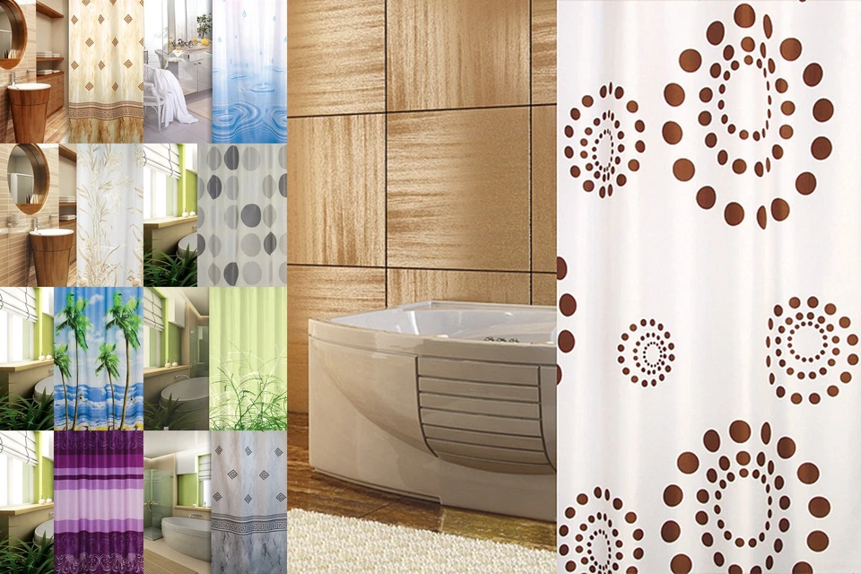 DUSCHVORHANG INKL. RINGE 120 / 180 / 200 / 240 BLAU WEISS GRAU BRAUN GRÜN BEIGE - Bild 1 von 1