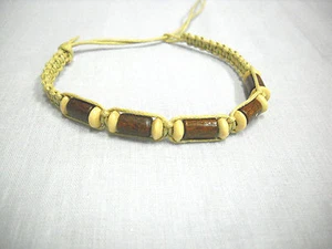 LIGHT TAN NATURAL MACRAME w BROWN & TAN WOODEN BEADS TIE ON BRACELET OR ANKLET - Picture 1 of 1