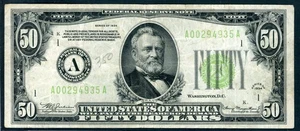 US FEDERAL RESERVE NOTE $50 SERIES 1934 JULIAN MORGENTHAU NOTE A76 - Picture 1 of 2