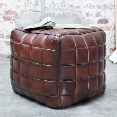 Retro Hocker RIDER 40cm braun Echtleder mit Ziersteppung Fußhocker Sitzwürfel - Bild 1 von 4