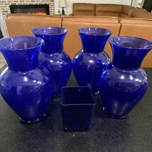 5 COBALT BLUE Glass Vase Set. 4-11” LARGE GLASS VASES & 1-5” Square Heavy Vase. - Picture 1 of 10