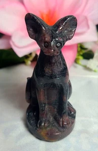 Small 3" Garnet Arfvedsonite Egyptian Hairless Cat Crystal Stone Carving Statue - Picture 1 of 23