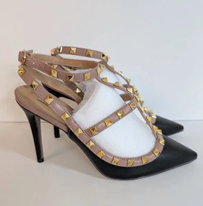 Valentino Garavani Black & Nude Rockstud T-Strap Pumps Size 40 NWOT - Picture 1 of 9